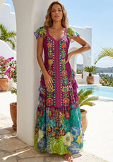 Vestido largo de algodón con cuello en V para mujer - Sanura