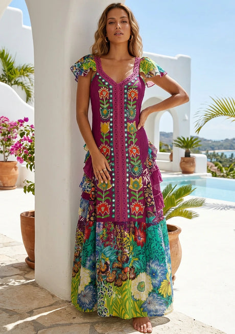 Vestido largo de algodón con cuello en V para mujer - Sanura