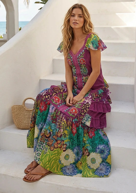 Vestido largo de algodón con cuello en V para mujer - Sanura
