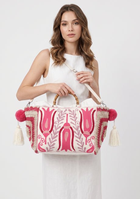 ibBan Women's Hand Embroidered Floral Tote Bag - Vesana | Artisan Canvas Handbag