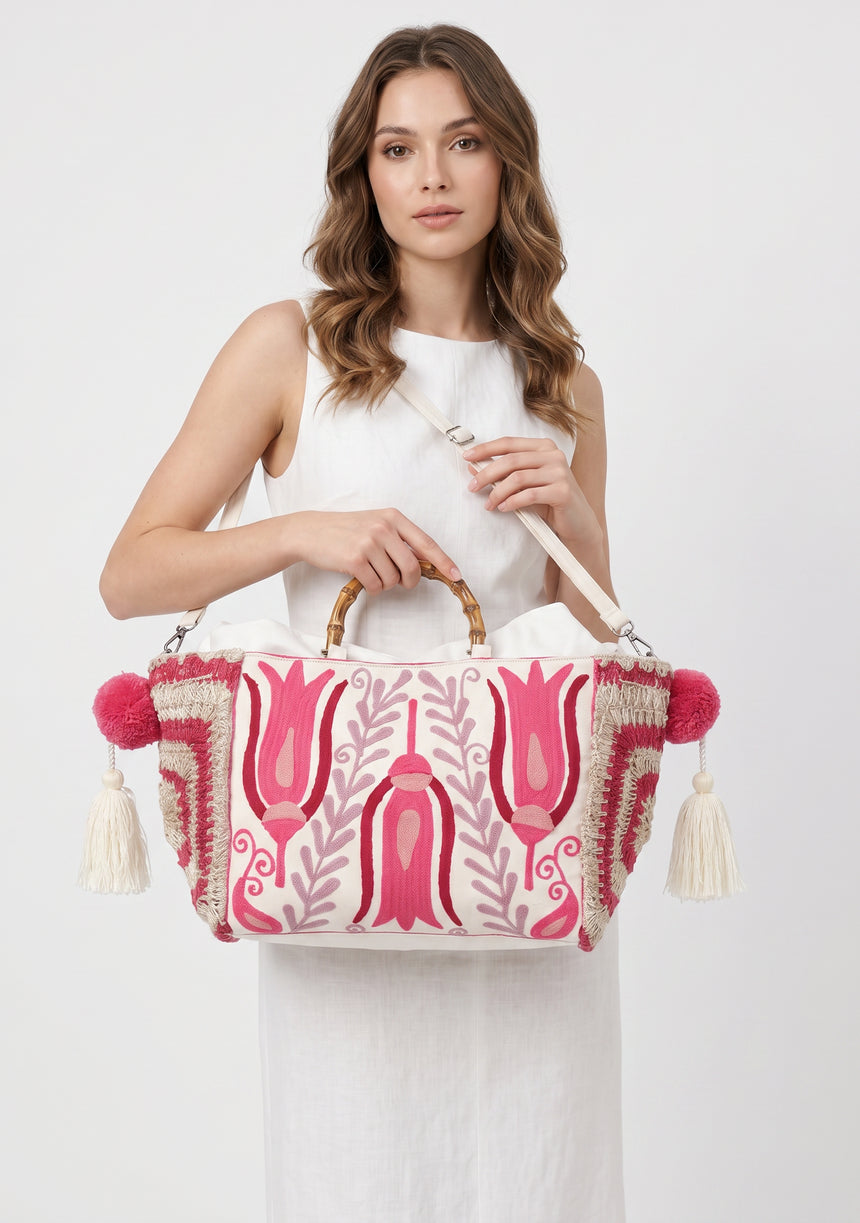ibBan Women's Hand Embroidered Floral Tote Bag - Vesana | Artisan Canvas Handbag