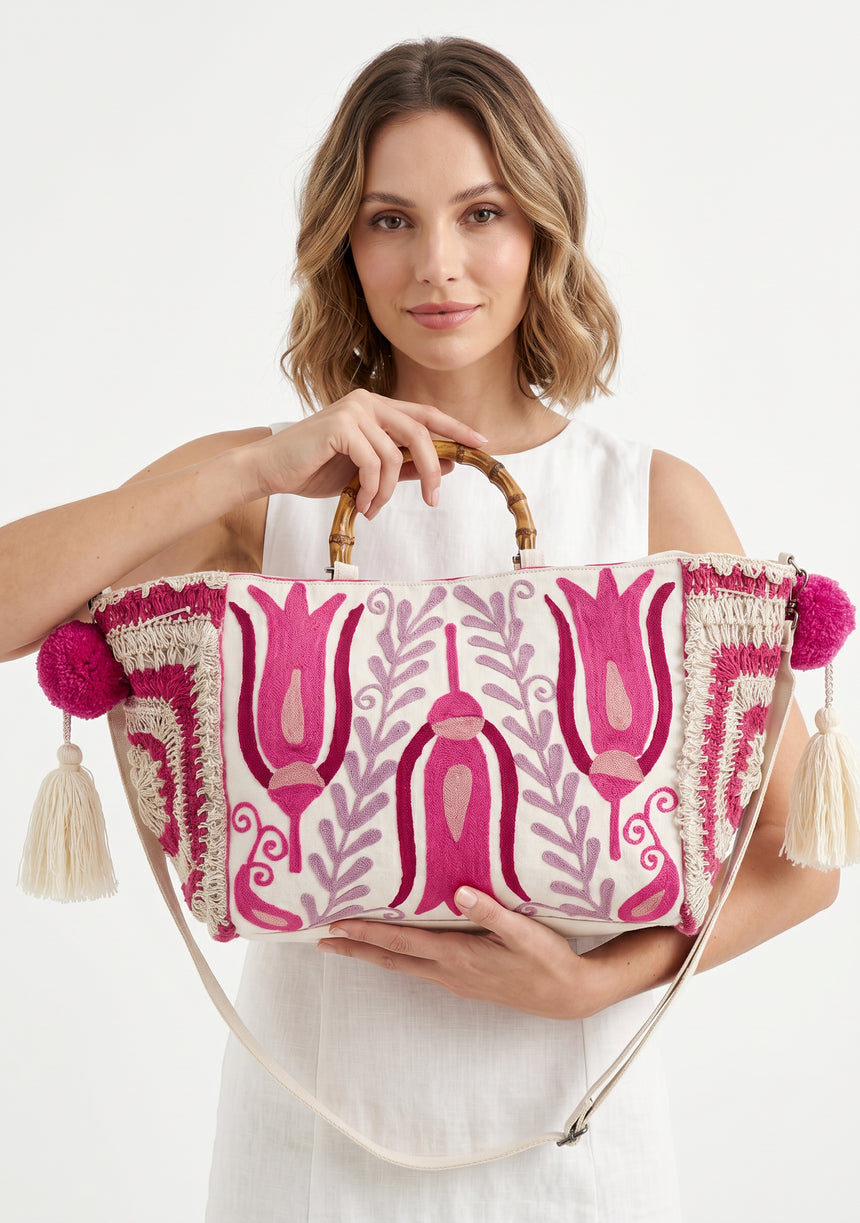 ibBan Women's Hand Embroidered Floral Tote Bag - Vesana | Artisan Canvas Handbag