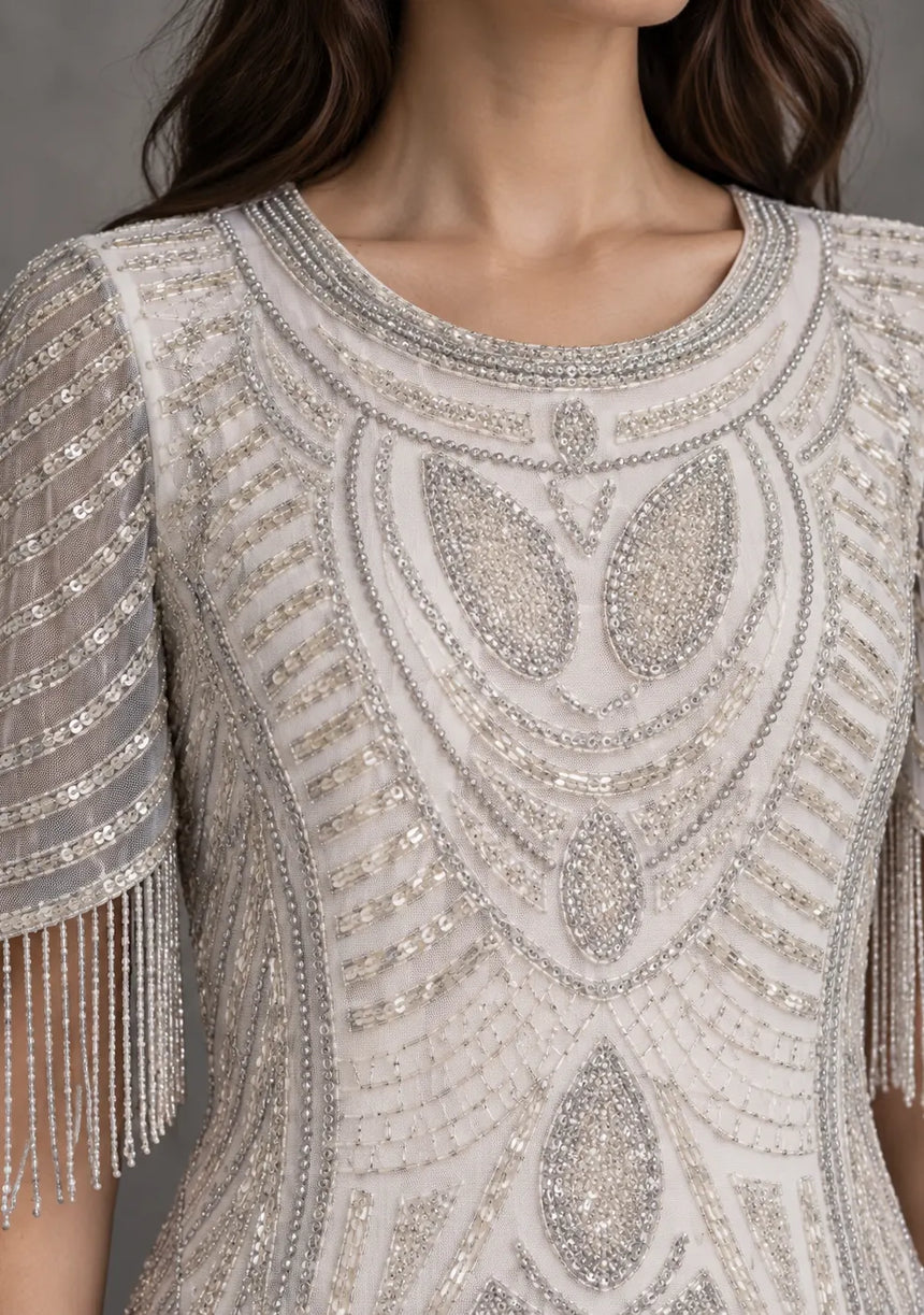 ibBan Party Short Dress with Beadwork & Fringe Sleeves - Esmi