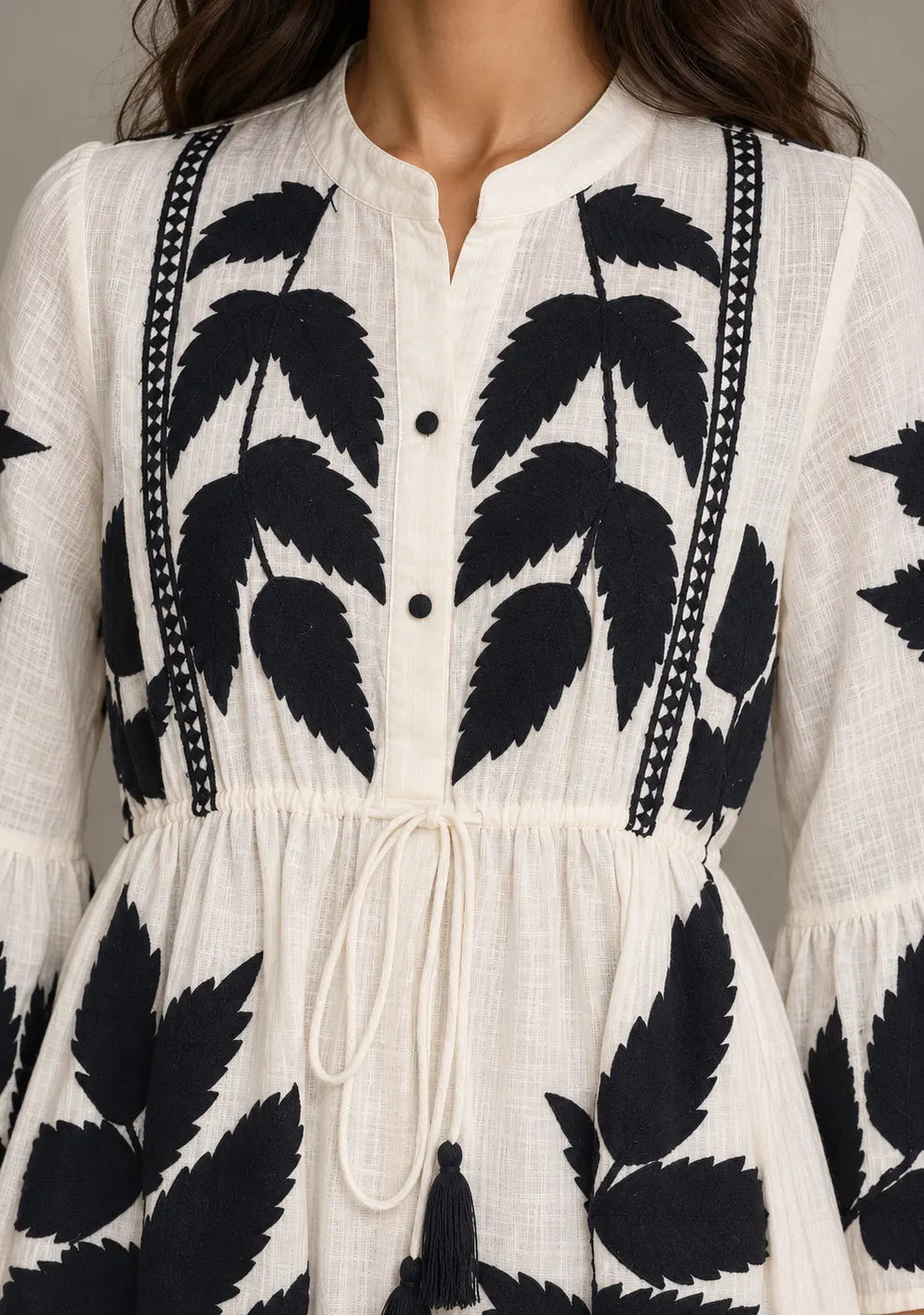 ibBan Leaf Hand Embroidery Cotton Long Tunic - Livia