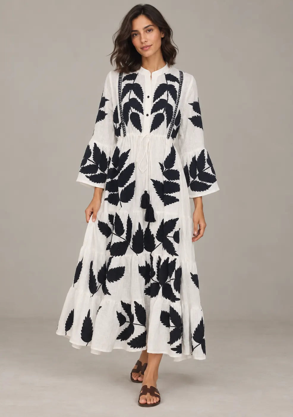 ibBan Leaf Hand Embroidery Cotton Long Tunic - Livia