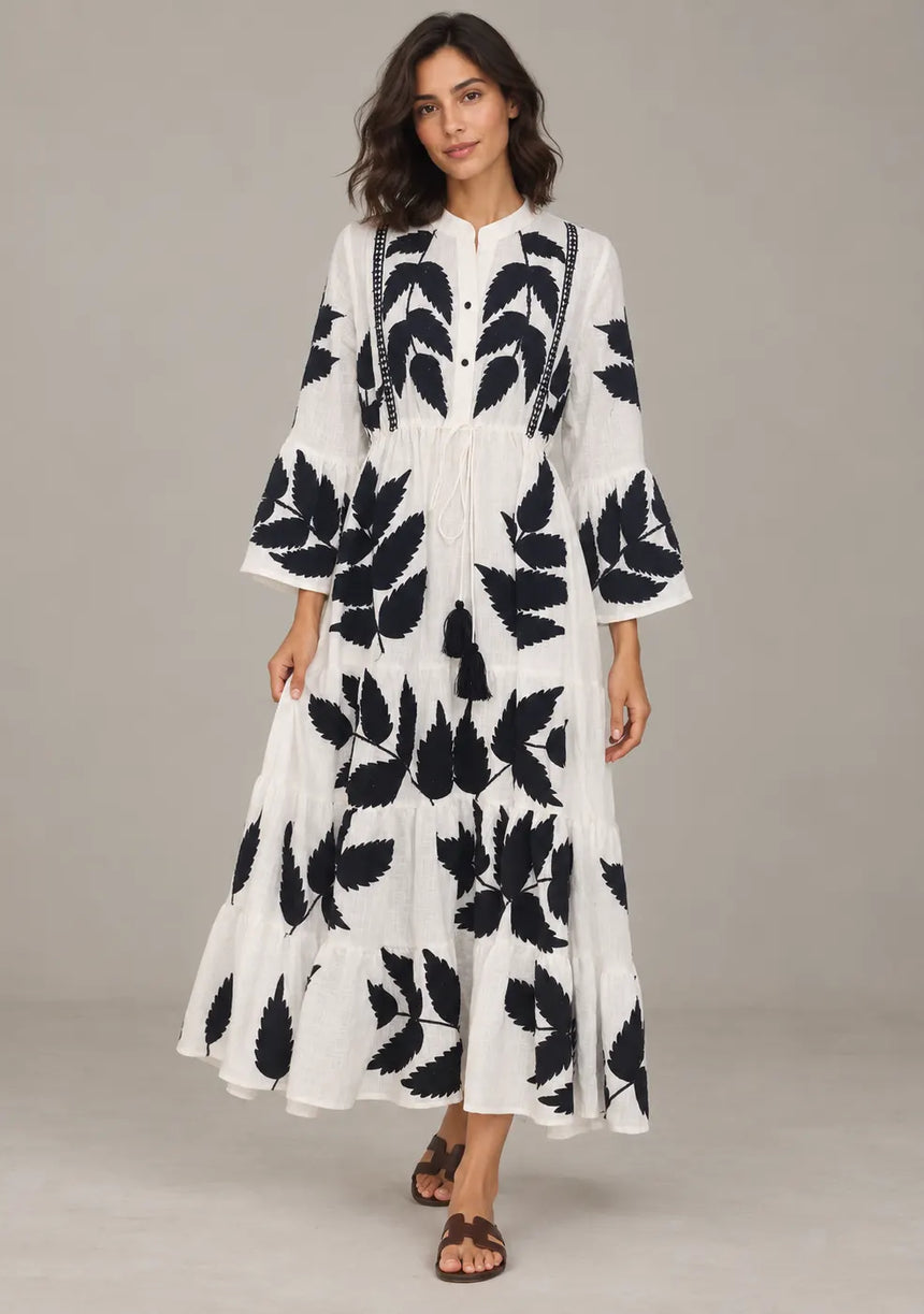 ibBan Leaf Print Cotton Maxi Dress with Tassel Tie - Livia