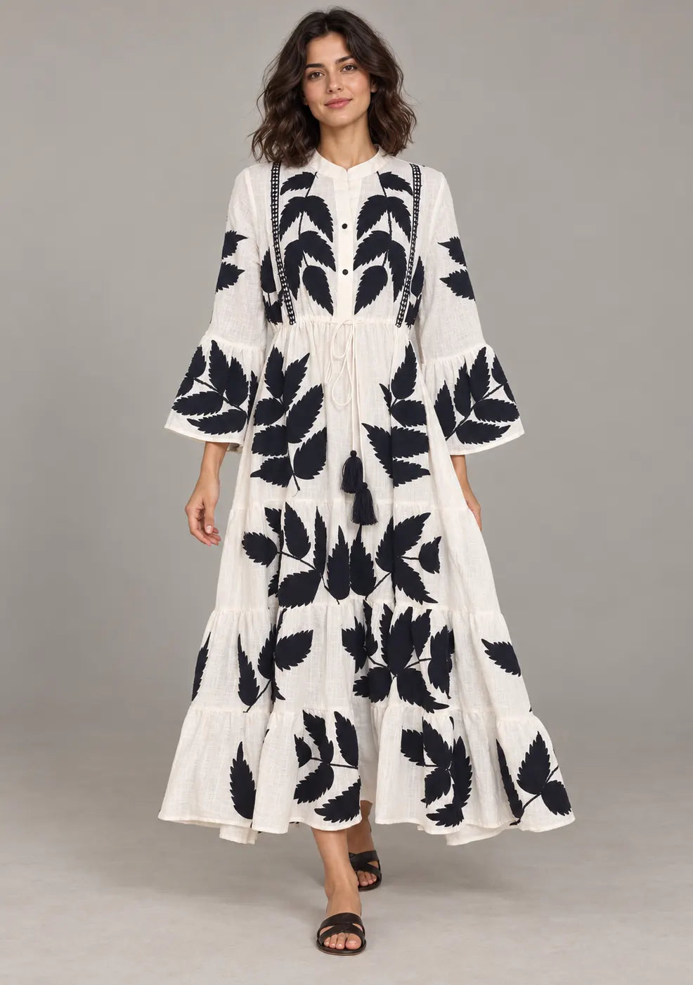 ibBan Leaf Hand Embroidery Cotton Long Tunic - Livia