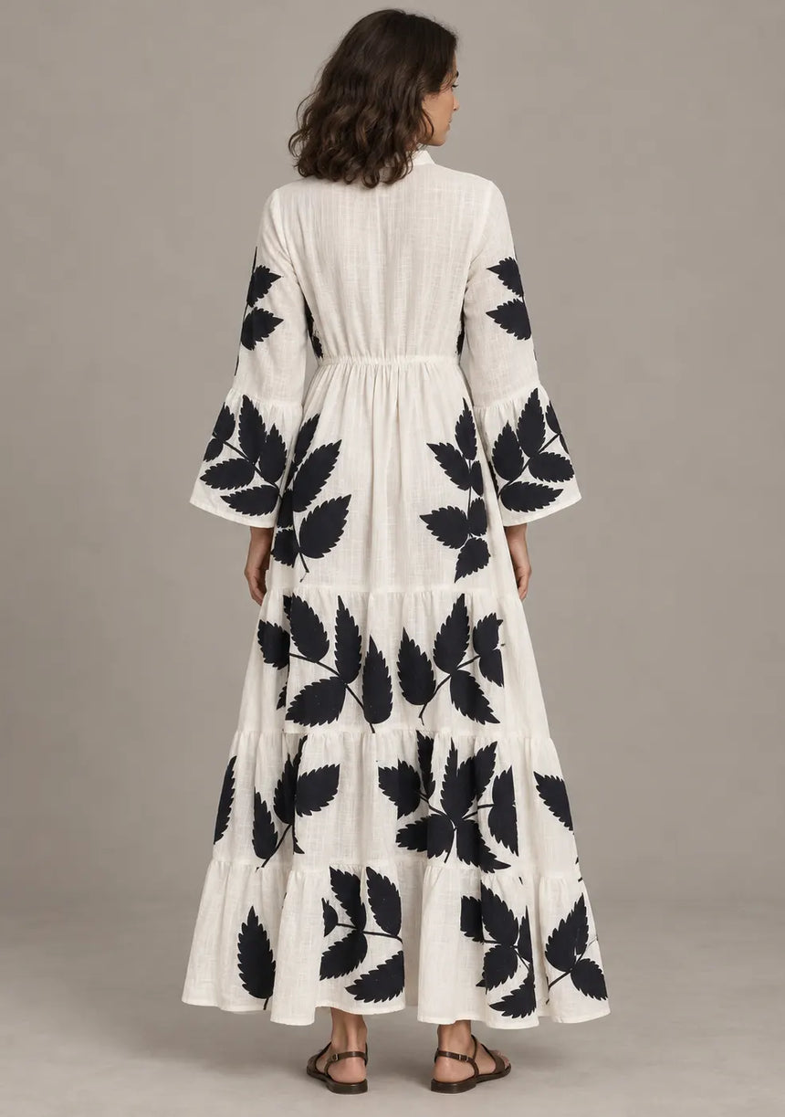 ibBan Leaf Print Cotton Maxi Dress with Tassel Tie - Livia