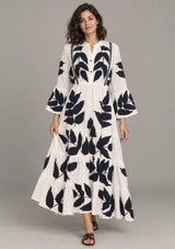 ibBan Leaf Print Cotton Maxi Dress with Tassel Tie - Livia