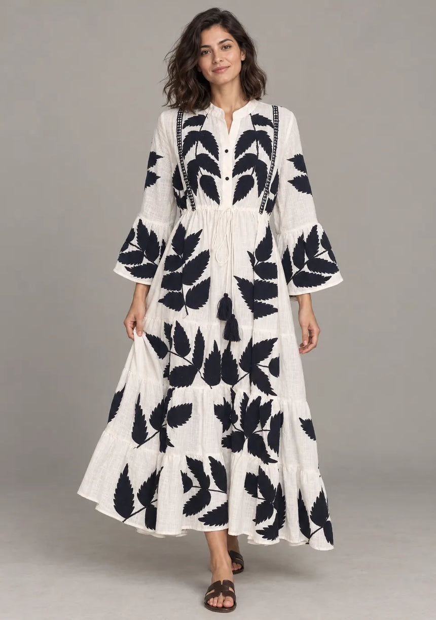 ibBan Leaf Print Cotton Maxi Dress with Tassel Tie - Livia
