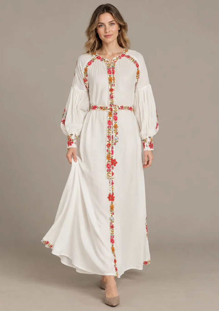 ibBan Floral Cotton Long Dress wint Hand Embroidery - Zayra