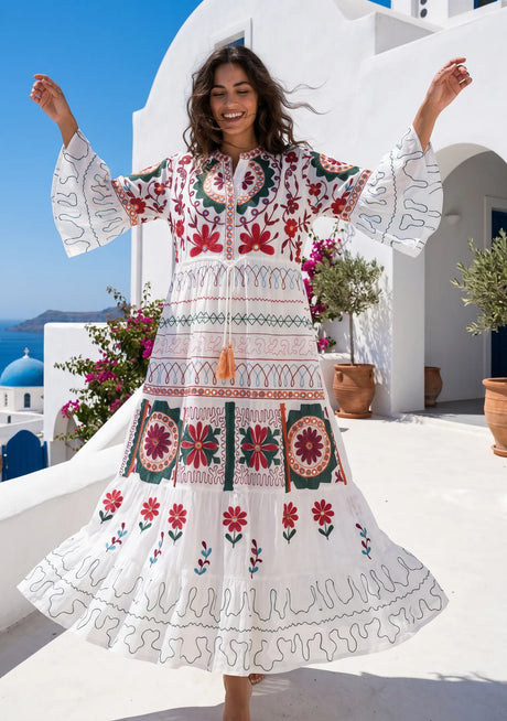 Women's Hand Embroidery Cotton Long Tunic Dress with Embroidery | ibBan - Orla