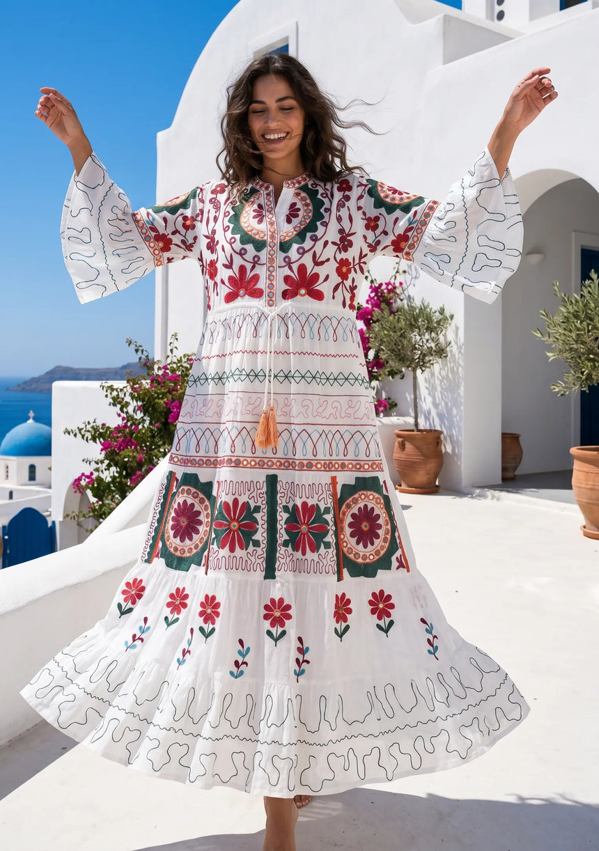 Women's Hand Embroidery Cotton Long Tunic Dress with Embroidery | ibBan - Orla