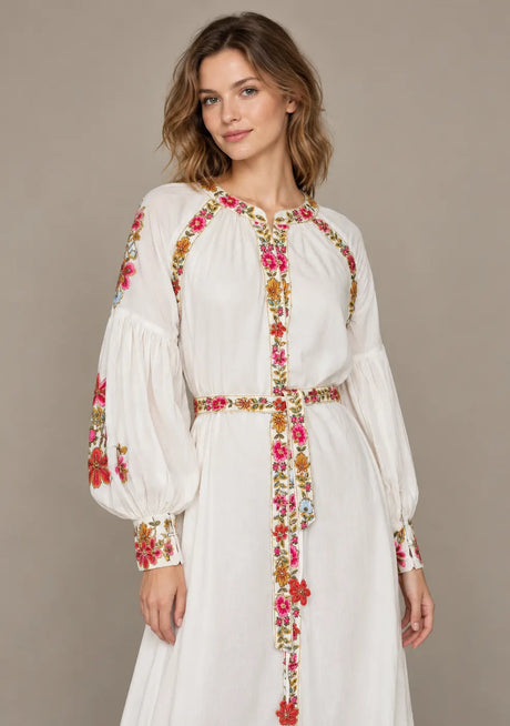 ibBan Floral Cotton Long Dress wint Hand Embroidery - Zayra