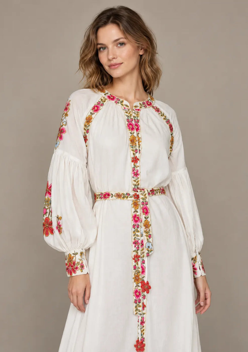 ibBan Floral Cotton Long Dress wint Hand Embroidery - Zayra