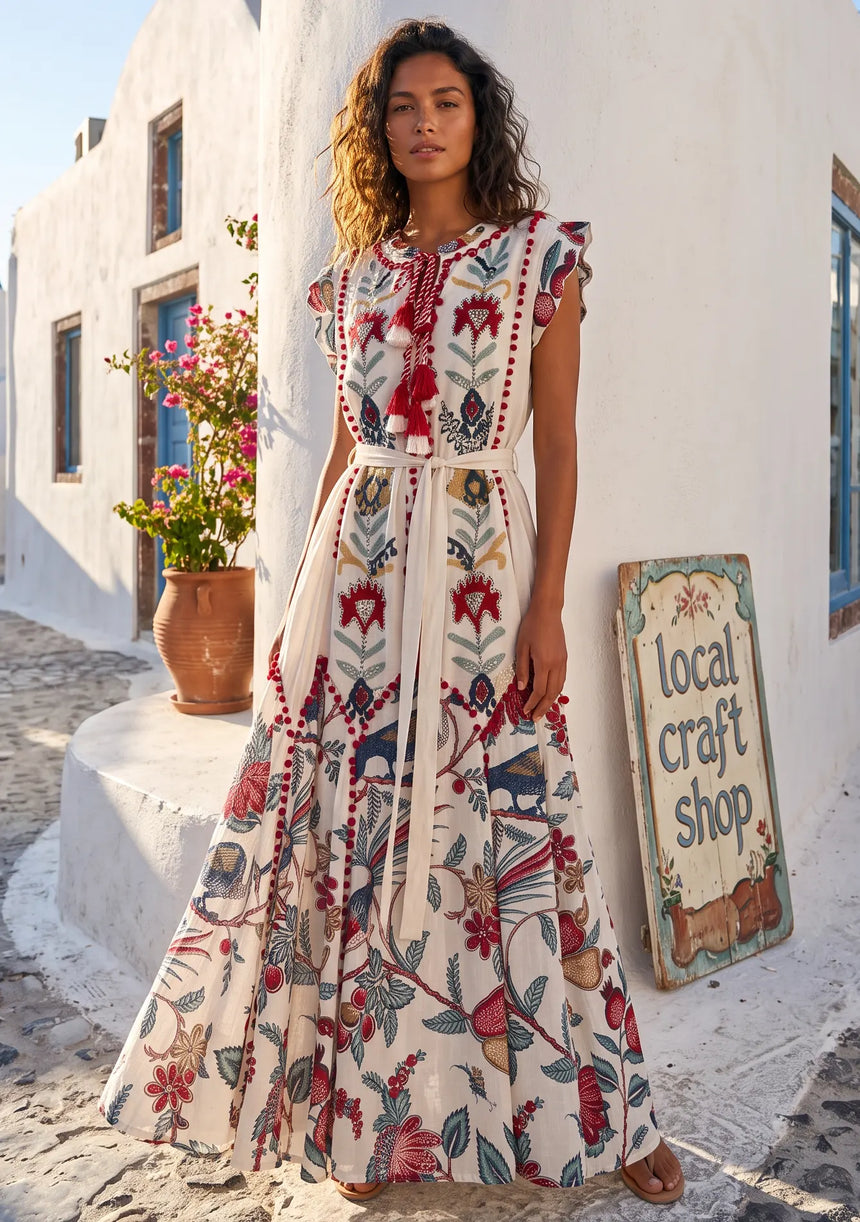ibBan Hand-Embroidered Cotton Long Dress with Floral Print - Rasha