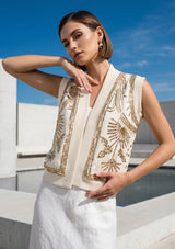 ibBan Hand Embroidered Cotton Canvas Gilet | Luxury Women's Statement Vest - Yara