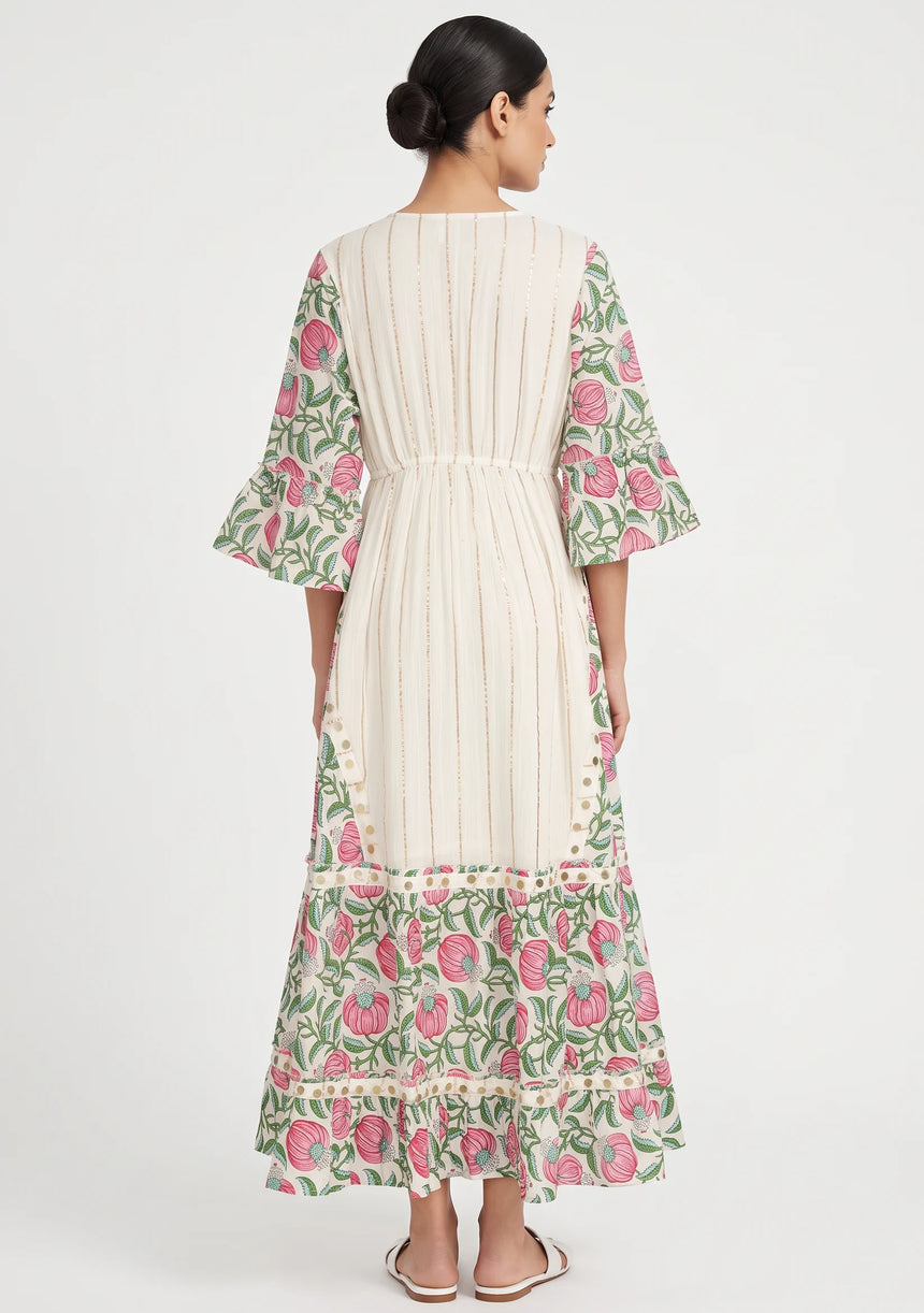 ibBan Floral Cotton Maxi Dress with Bell Sleeves - Jumani