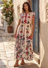 ibBan Hand-Embroidered Cotton Long Dress with Floral Print - Rasha