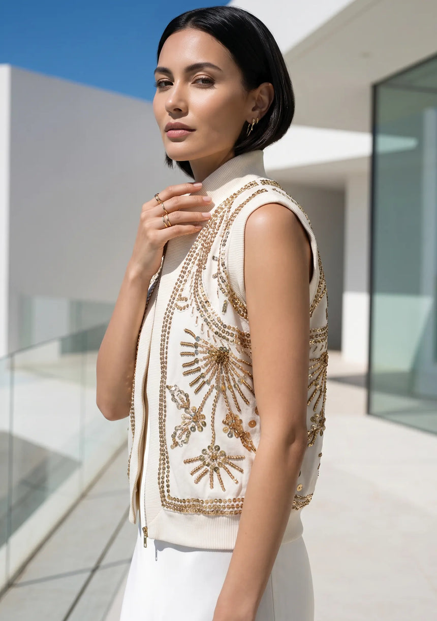 ibBan Hand Embroidered Cotton Canvas Gilet | Luxury Women's Statement Vest - Yara