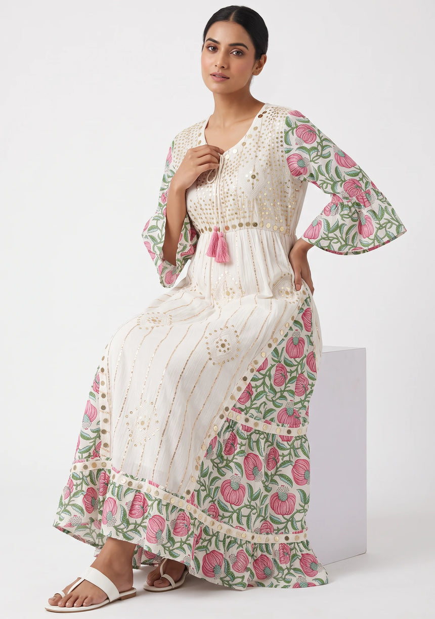 ibBan Floral Cotton Maxi Dress with Bell Sleeves - Jumani