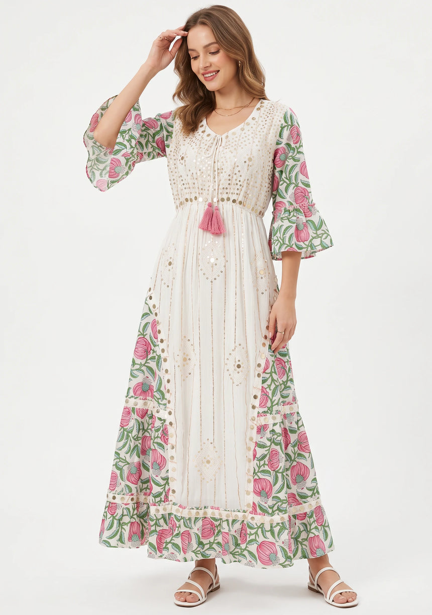 ibBan Floral Cotton Maxi Dress with Bell Sleeves - Jumani