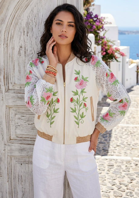 Women's a Stylish Bomber Hand Embroidery Canvas Zip Jacket - Farida