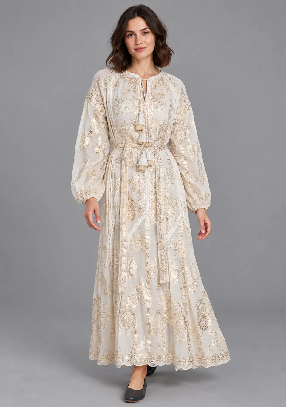 ibBan Floral Lurex Cotton Long Dress - Mavi