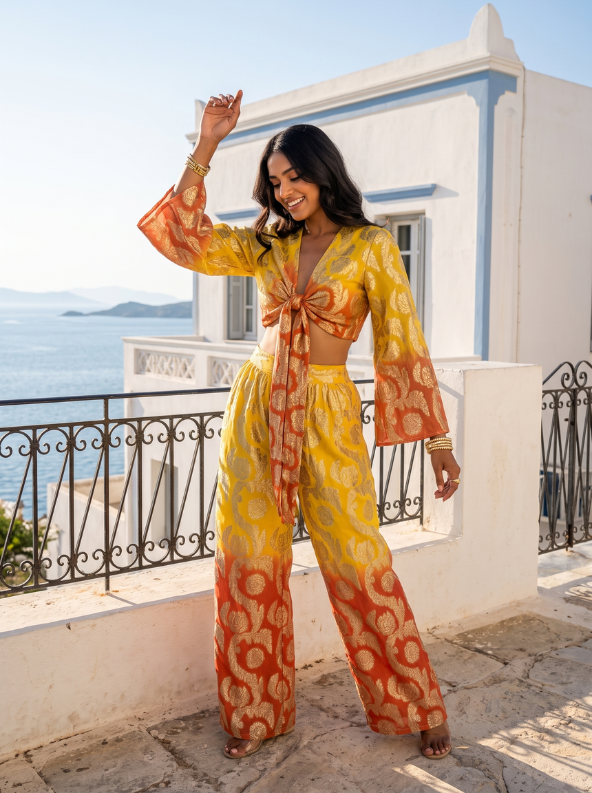 ibBan Lurex Cotton Pant & Blouse Set with Hand Embroidery -Kunama Pant Blouse