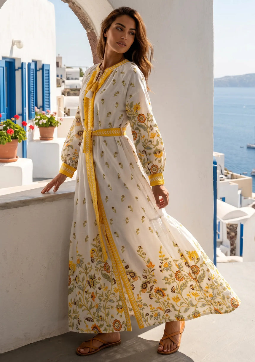 ibBan Printed Cotton Maxi Dress with Hand Embroidery | Luxury Resort Wear - Aizal long dress