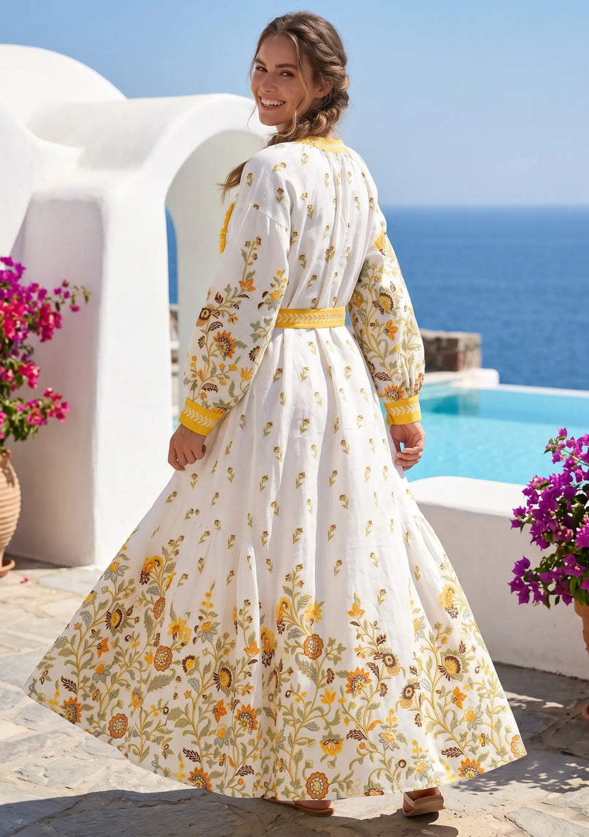 ibBan Printed Cotton Maxi Dress with Hand Embroidery | Luxury Resort Wear - Aizal long dress