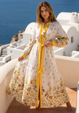 ibBan Printed Cotton Maxi Dress with Hand Embroidery | Luxury Resort Wear - Aizal long dress