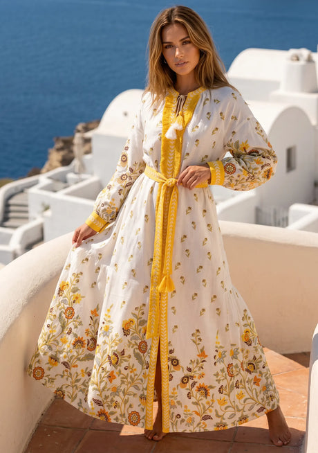 ibBan Printed Cotton Maxi Dress with Hand Embroidery | Luxury Resort Wear - Aizal long dress