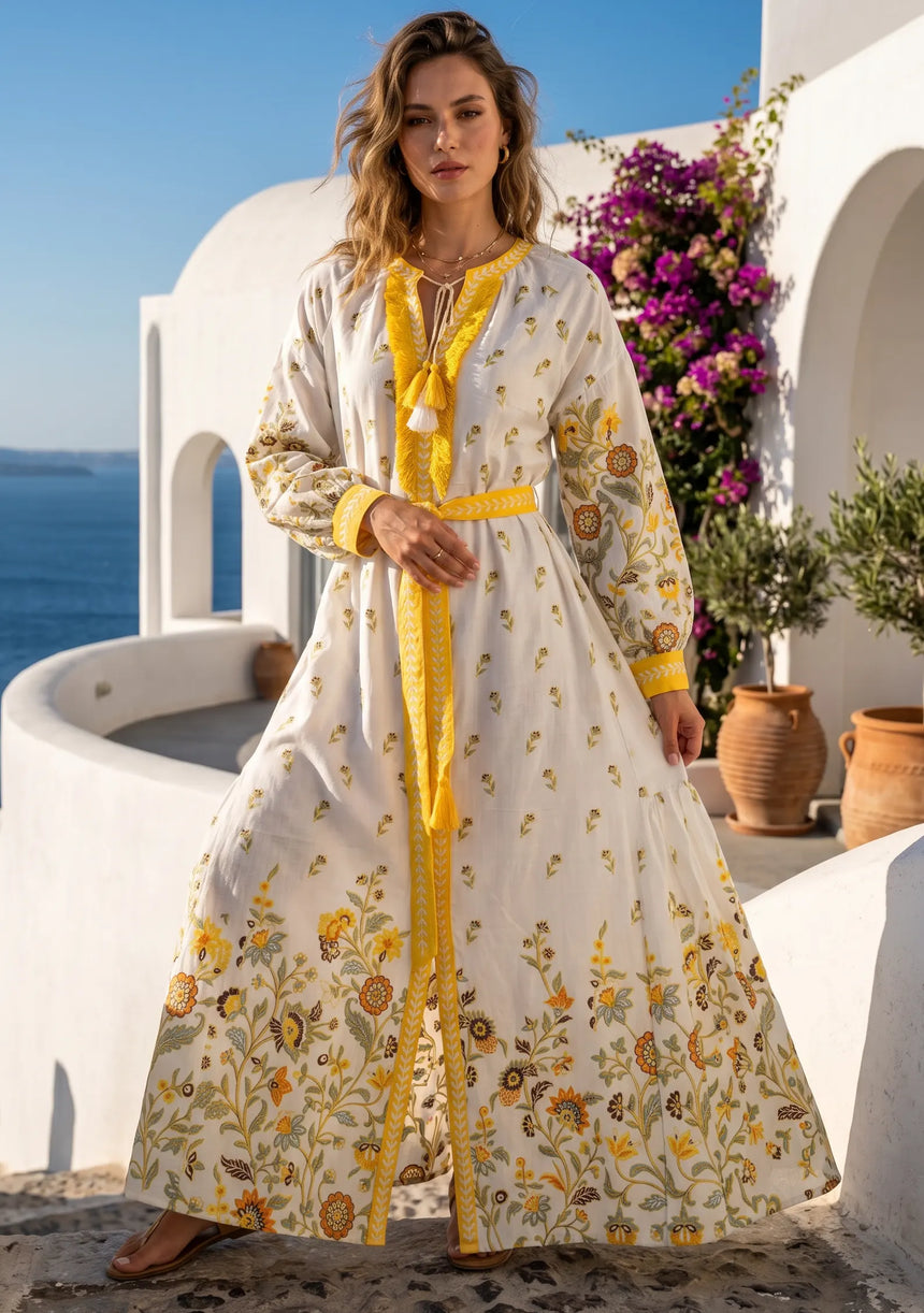ibBan Printed Cotton Maxi Dress with Hand Embroidery | Luxury Resort Wear - Aizal long dress