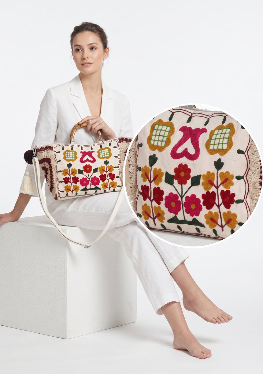 ibBan Women's Hand Embroidered Tote Bag - Zaina | Artisan Canvas Handbag