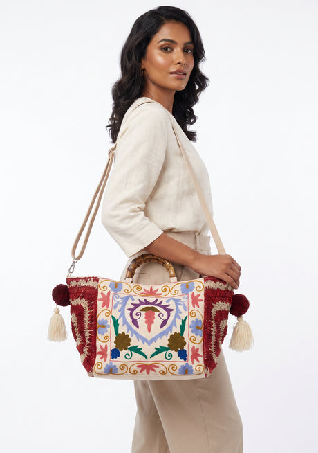 ibBan Women's Hand Embroidered Tote Bag - Ziva | Artisan Canvas Handbag