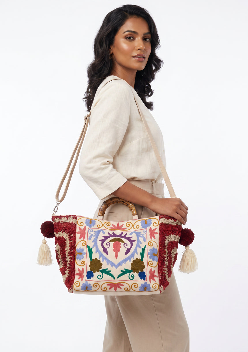 ibBan Women's Hand Embroidered Tote Bag - Ziva | Artisan Canvas Handbag