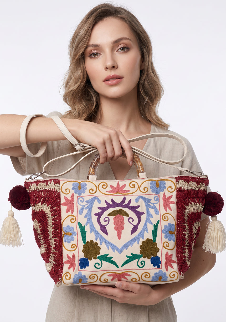 ibBan Women's Hand Embroidered Tote Bag - Ziva | Artisan Canvas Handbag