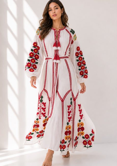 Vestido largo de algodón con cuello redondo para mujer - Raso