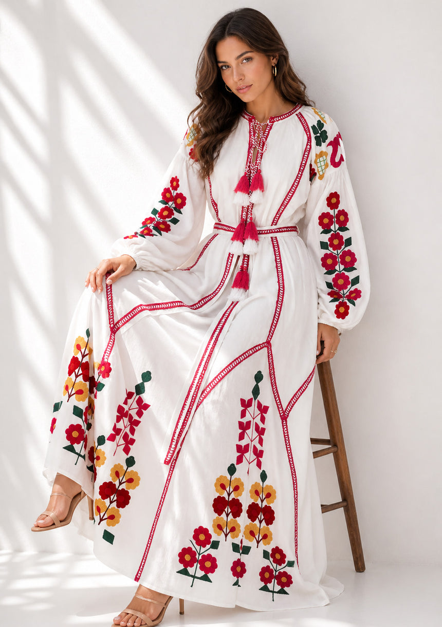 Vestido largo de algodón con cuello redondo para mujer - Raso