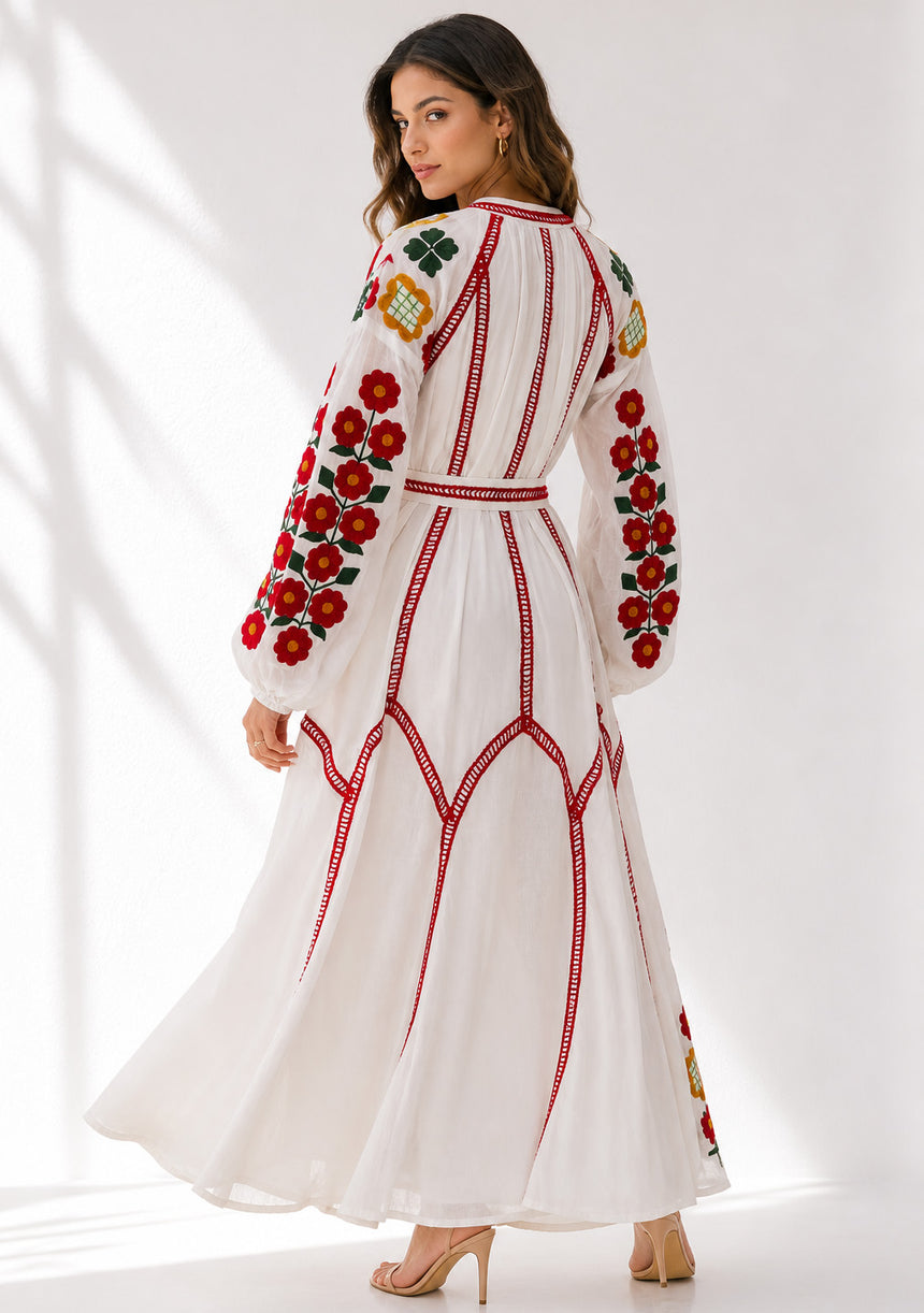 Vestido largo de algodón con cuello redondo para mujer - Raso