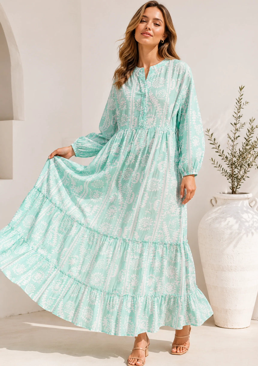 Maxivestido de algodón con cuello en V para mujer - Asheer