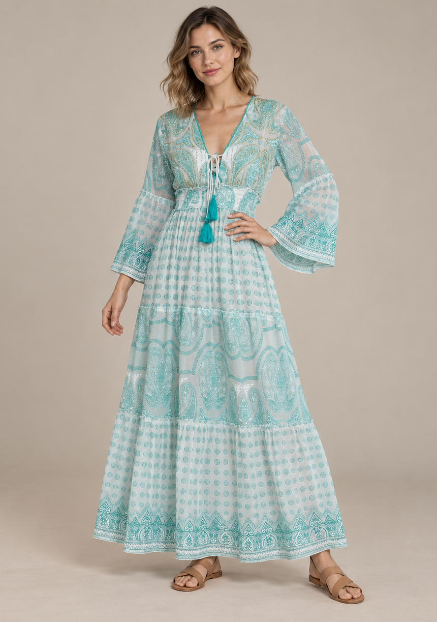 ibBan Vestido Largo Mayra para Mujer | 100% Algodón | Bordado a mano | Talla única
