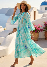 Women's Printed  Cotton Long  Tunic Dress V- Neck - Wema