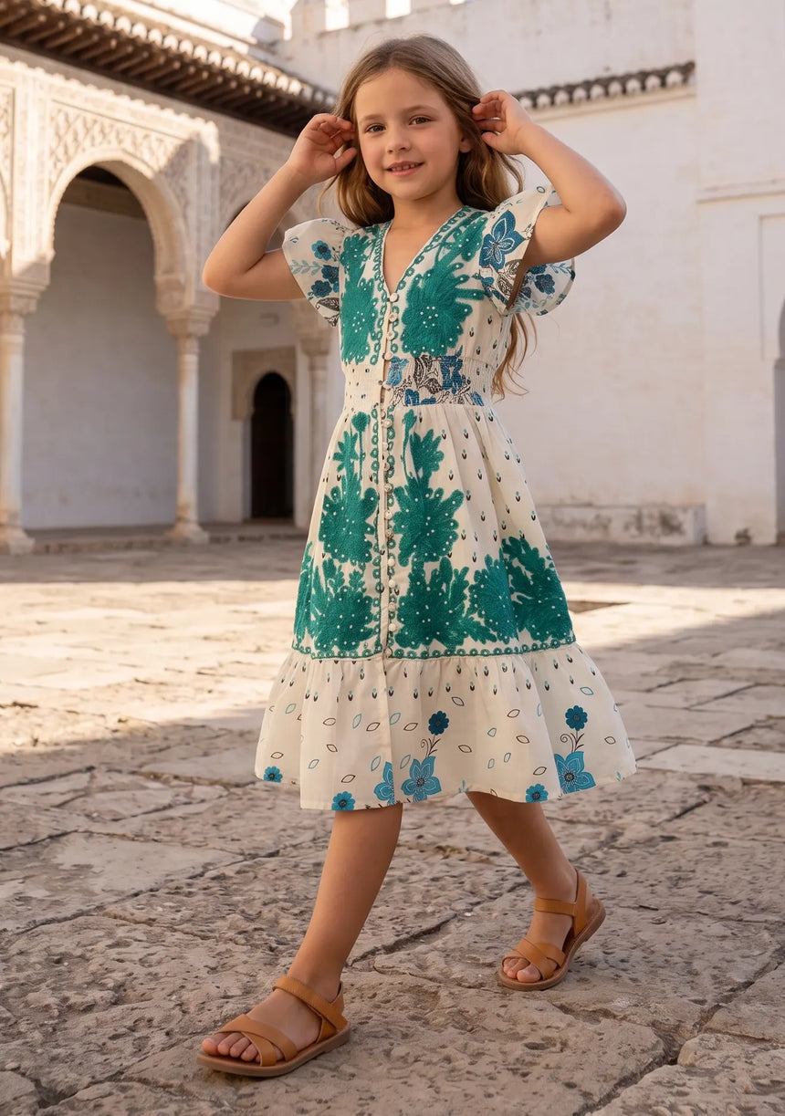 Robe en coton imprimé col en V pour fille - Yamira