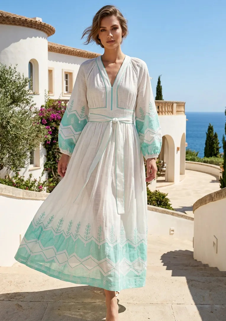 IbBan Women's Cotton Embroidered Long Dress | ibBan Luxury Resort Wear - Hira