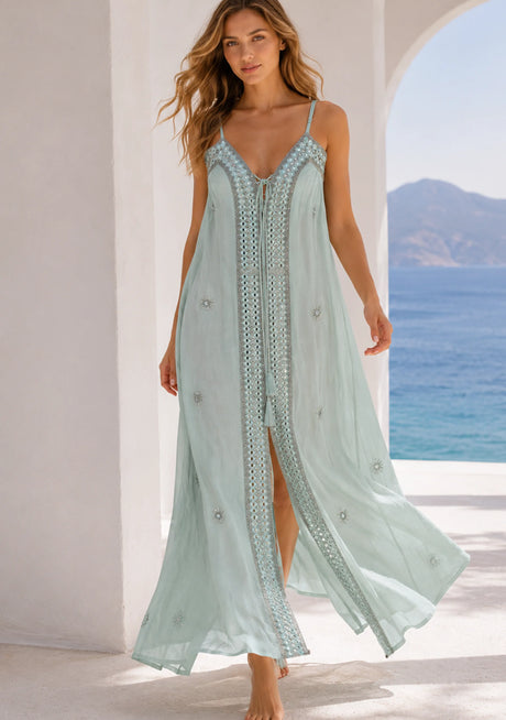 Túnica larga de algodón con cuello en V para mujer - Fokta