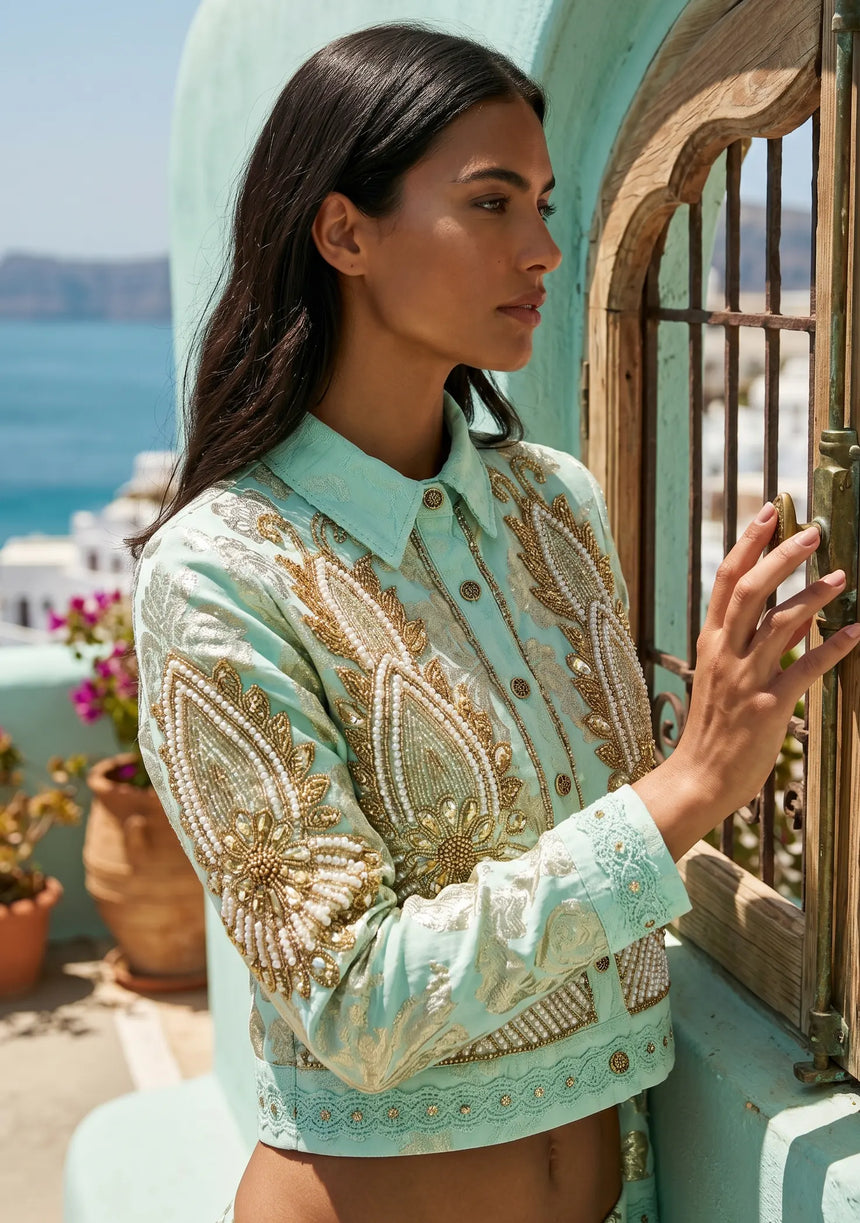 ibBan Hand Embroidered Jacket | Luxury Beaded Cotton Canvas Organza Jacket - Vidha