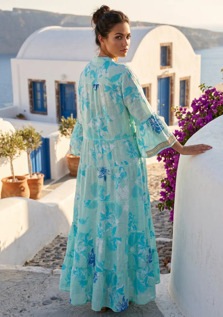 Women's Printed  Cotton Long  Tunic Dress V- Neck - Wema