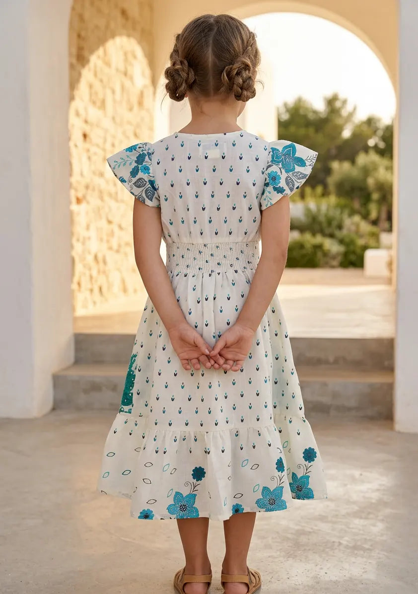 Robe en coton imprimé col en V pour fille - Yamira